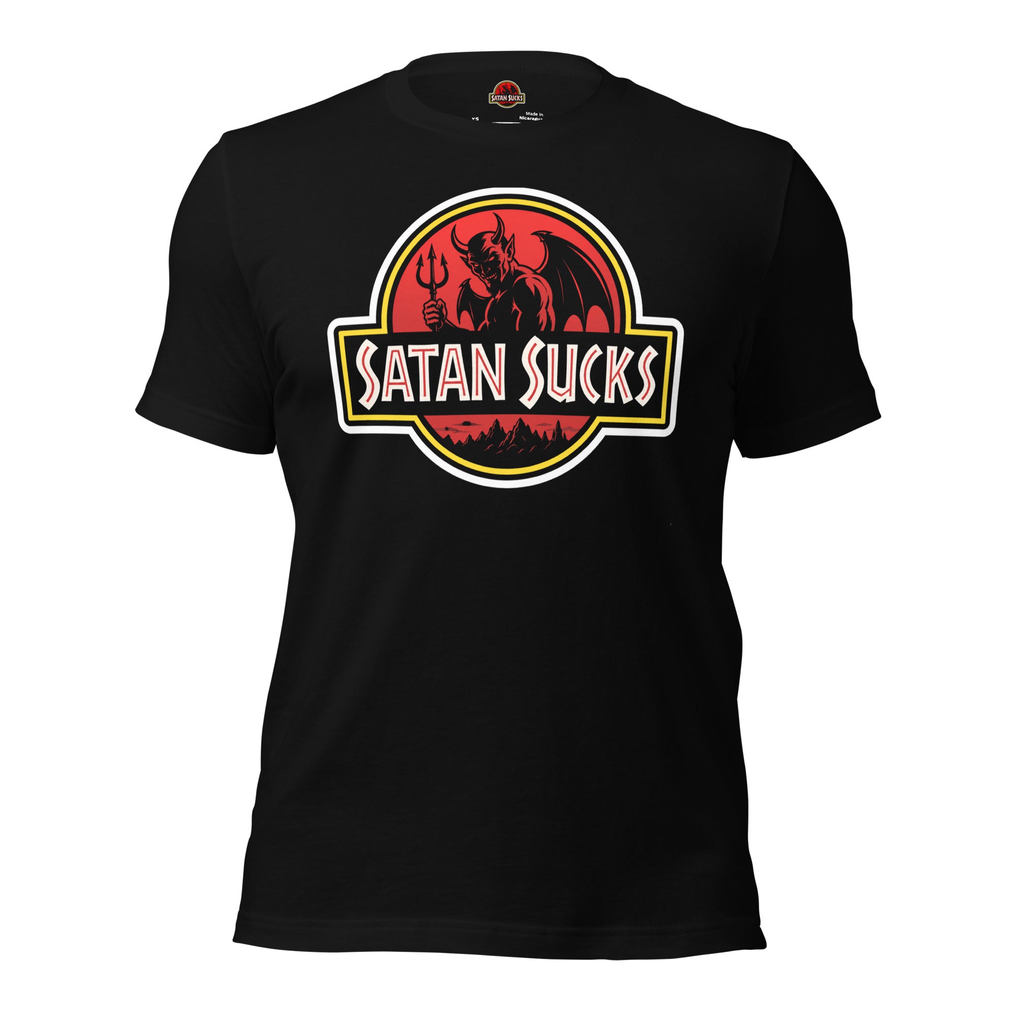Winged devil badge logo graphic tee black close up