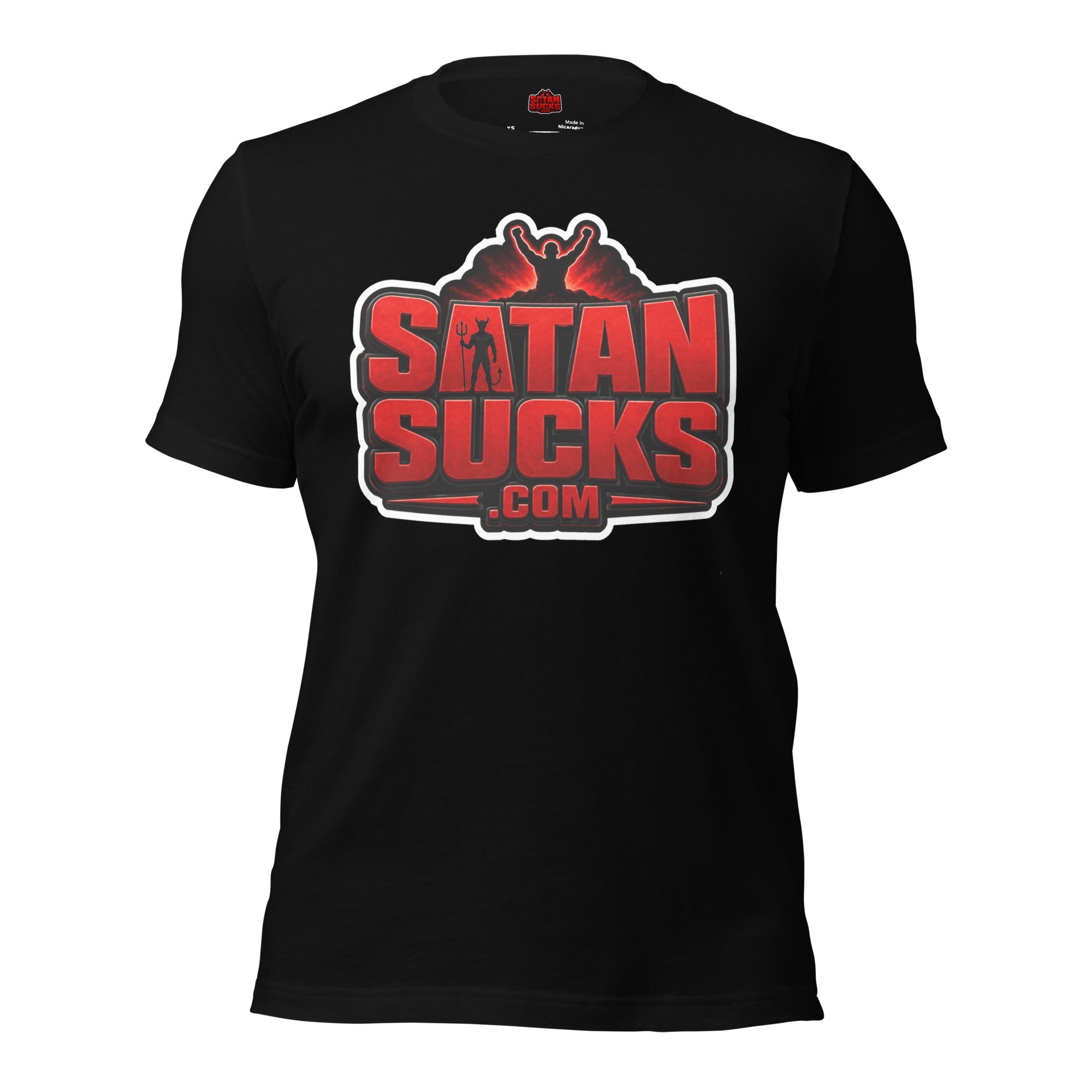 Bold Christian graphic tee SatanSucks.com logo black close up
