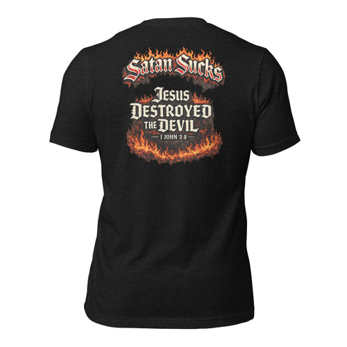 Cartoon flaming devil head graphic tee black heather back