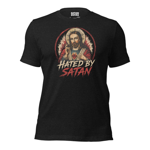 Sacred Heart of Jesus Hated by Satan graphic tee black heather