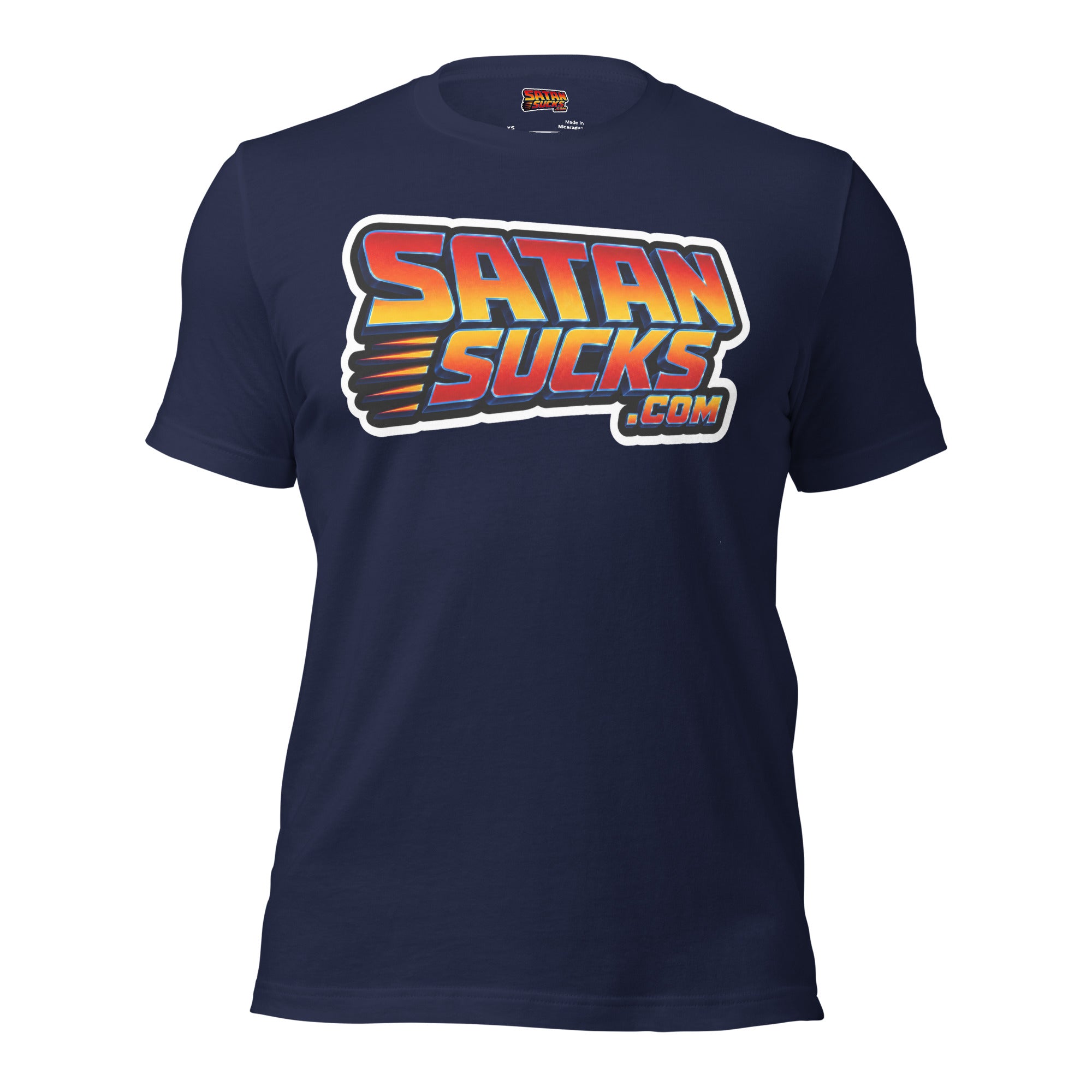 Bold orange yellow Christian streetwear logo tee navy